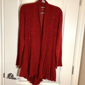Women Long Sleeve Swingy Open Knit Cardigan Semi Sheer Red Sequins Festive